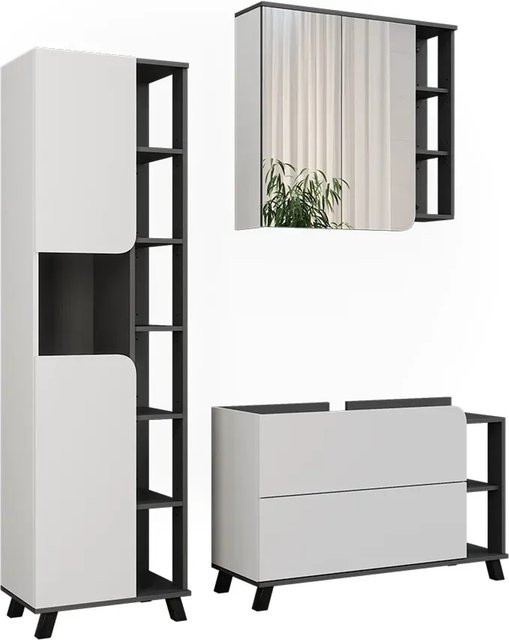 Vicco Badmöbel-Set Karen in Anthrazit und Weiß, 3-teilig mit Waschtischunterschrank, Spiegelschrank mit LED-Beleuchtung und Hochschrank - Bild 1