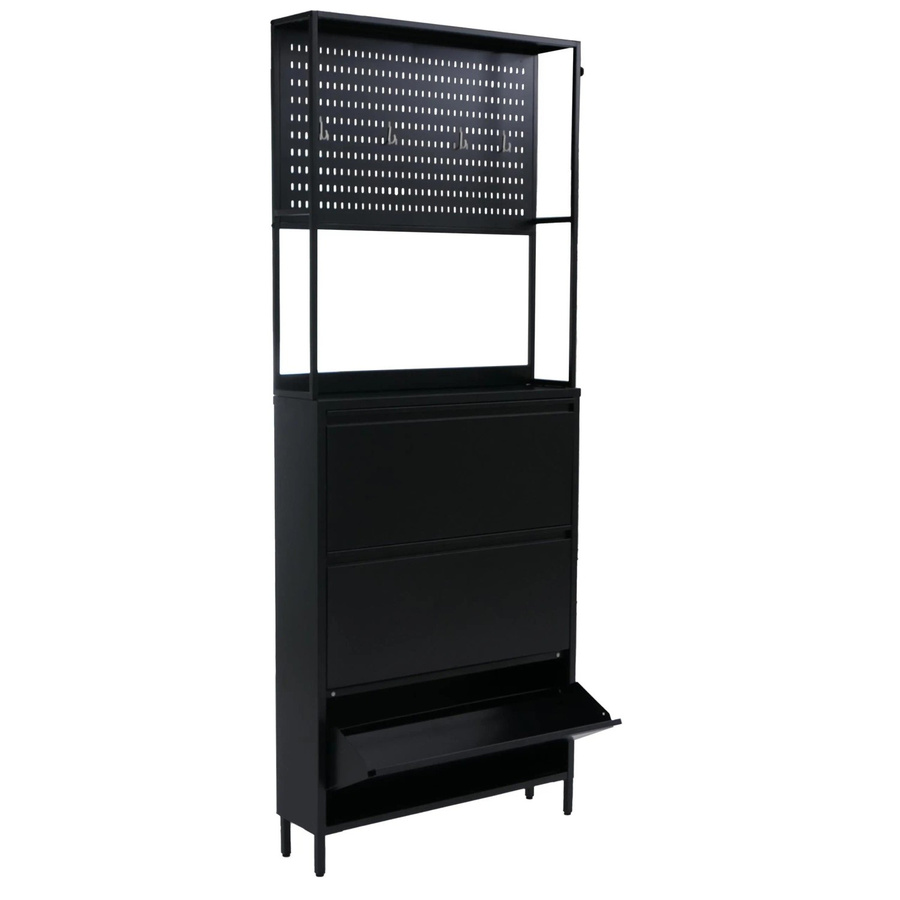 Schuhschrank MCW O86 aus Metall mit 3 Kippfächern in Schwarz, H: 201 cm, B: 80 cm, T: 20 cm - Bild 2