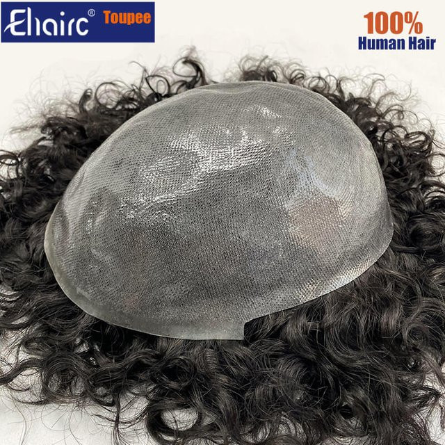EHairc Haarprothese für Männer, lockig, 100 % Echthaar, 0,12 mm dick - Bild 1