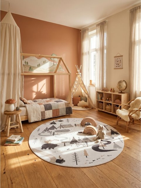 Waschbarer Kinderteppich Waldabenteuer mit Tieren von Kadima Design in Creme und Beige, quadratisch, B/B: 160 x 160 cm - Bild 1