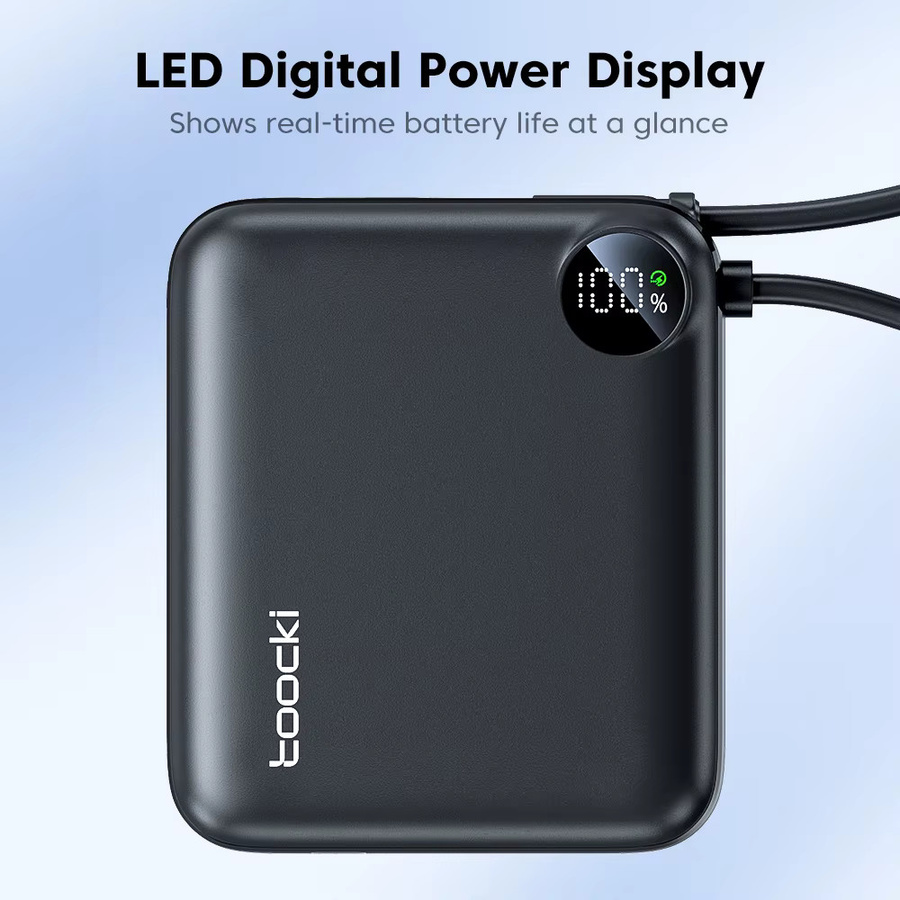 Toocki Tragbare Powerbank mit integriertem USB-C-Kabel, 10000 mAh, PD 22,5 W Schnellladegerät, Schwarz - Bild 4
