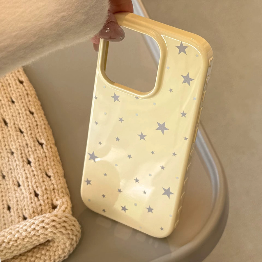 MUQGEW Handyhülle im koreanischen Stil mit grauen Sternen für iPhone 12 bis iPhone 17 Pro Max, Gelb, stoßfeste Schutzhülle mit Vollbild-Design - Bild 3