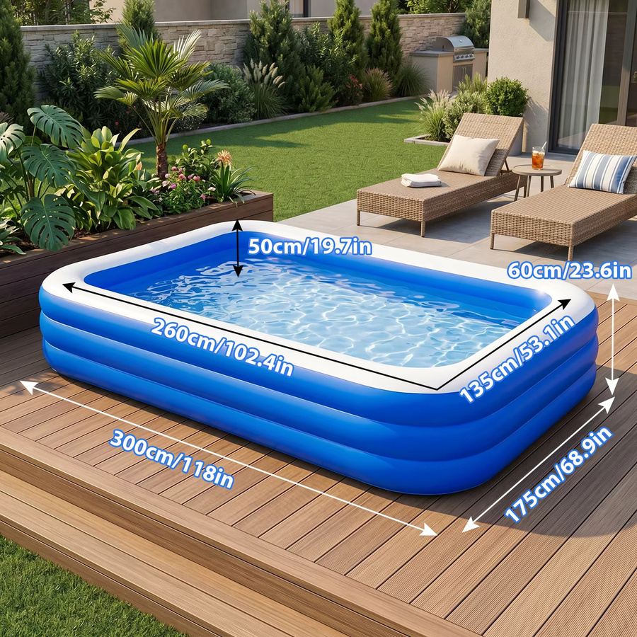 HGTUGO Aufblasbarer Rechteck-Pool aus PVC in Blau, B: 300 cm, T: 260 cm, H: 36 cm - Bild 9