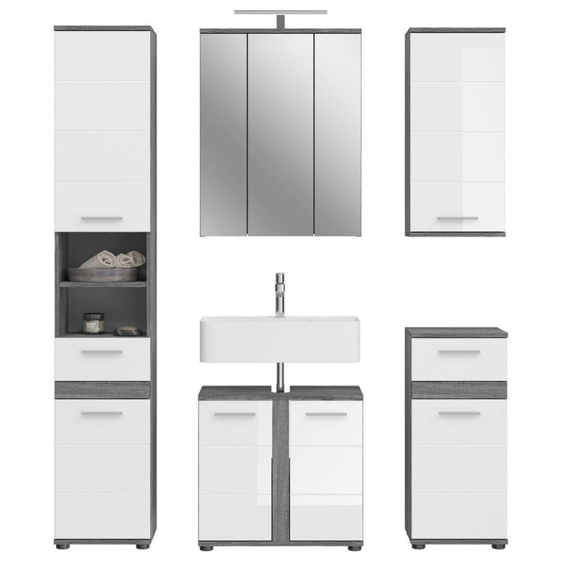 xonox.home Badmöbel-Set Blake 6-teilig in Weiß Hochglanz mit Rauchsilber-Elementen, B/H/T: 164 x 191 x 34 cm - Bild 2