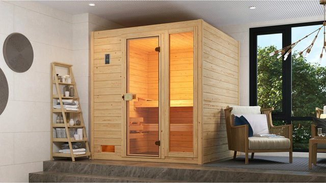WEKA Massivholzsauna Valida 3 für 6 Personen in Braun inklusive 7,5 kW Ofen mit externer Steuerung und BioS Glasfenster und Glastür - Bild 4