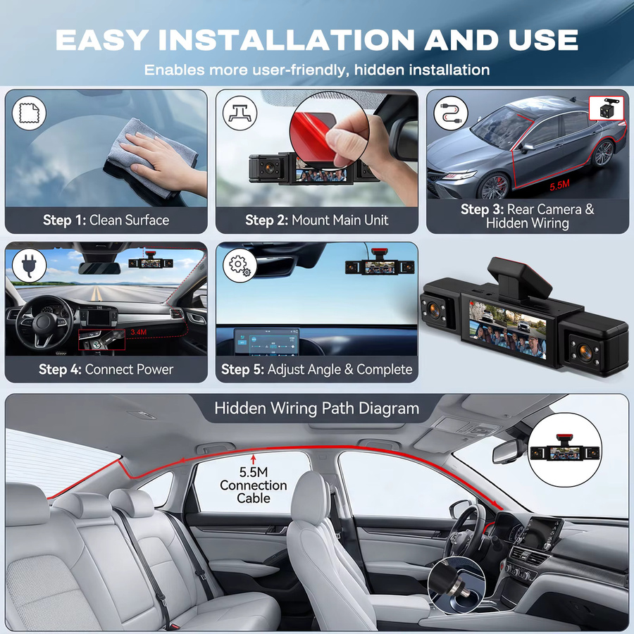 Podofo 4-Kanal Auto-Dashcam mit 1080P Quad-Linsen, 4K-Fahrzeug-DVR-Recorder für Front, Innenraum und Heck mit Nachtsicht und Parküberwachung, Schwarz - Bild 2