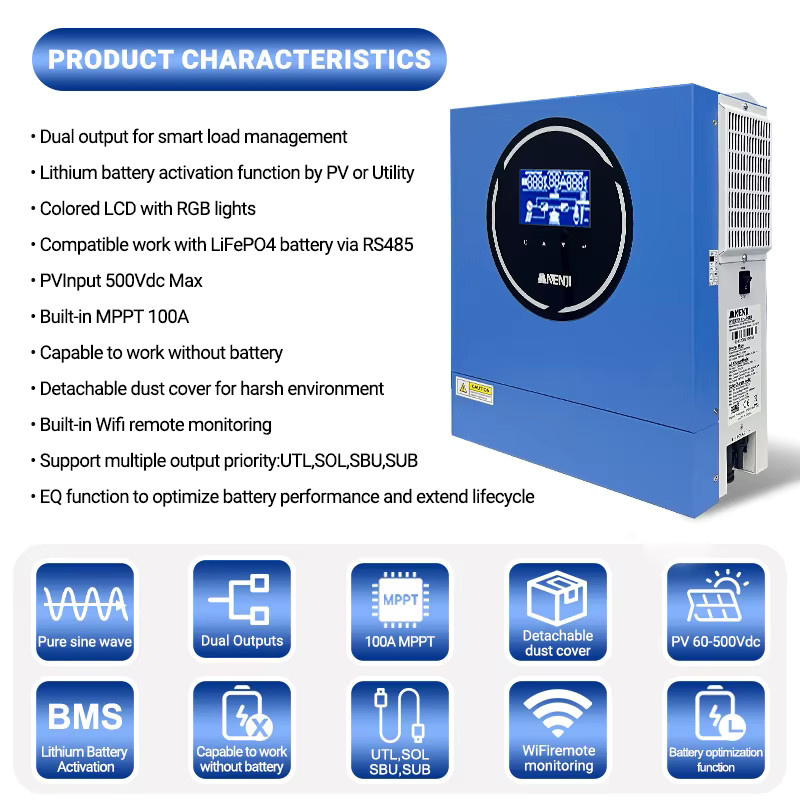 ANENJI Hybrid Solar-Wechselrichter 4KW 24V Off-Grid mit MPPT 100A, Reiner Sinuswellen-Solarregler mit WIFI-Unterstützung und BMS, Blau - Bild 5