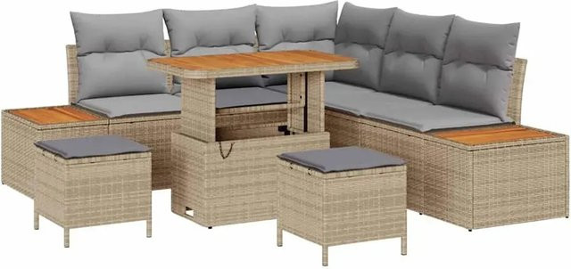 vidaXL Garten-Sofa-Set mit Kissen aus Poly Rattan und Akazienholz in Beige - Bild 1
