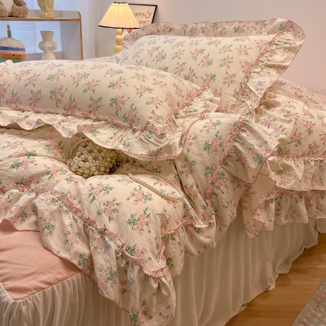Bin Chi Textiles Bettwäsche-Set im koreanischen Prinzessinnenstil mit floralen Rüschen aus gewaschener Baumwolle, Weiß, B/H: 150 x 200 cm - Bild 1