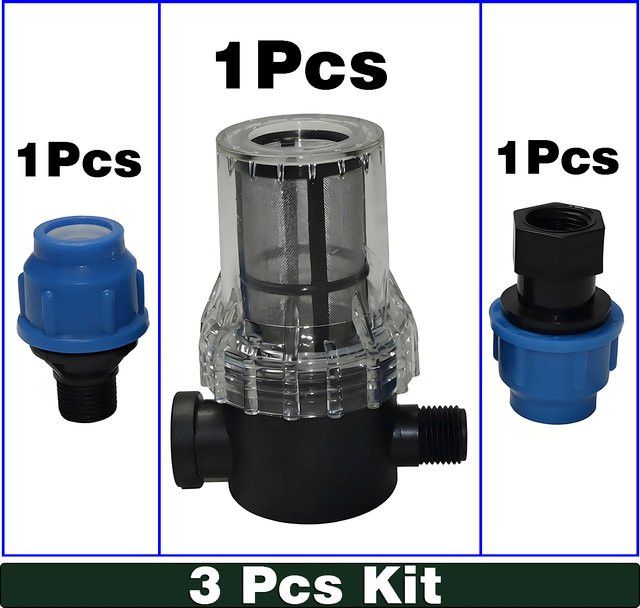 3er Set Garten Bewässerungsset mit Wasserfilter, Rohrverbindern und Wassertankstecker für 20mm Rohre aus Kunststoff - Bild 1