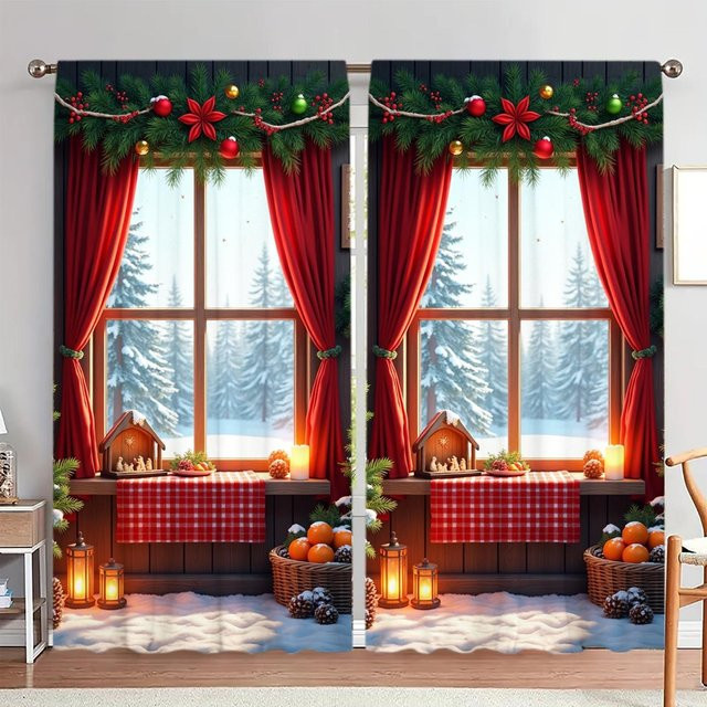 2er-Set Weihnachtliche Vorhänge mit Print für deine Heimdekoration, Weiß und Rot, B: 52,5 cm, H: 116 cm - Bild 1