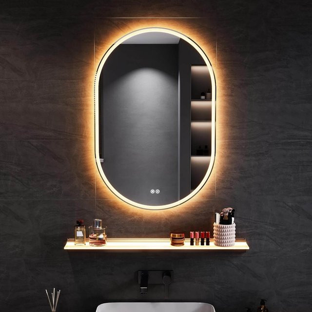 SONNI LED Wandspiegel Oval in Schwarz mit drei Lichtarten, Antibeschlag, Steckdose und Touch-Schalter - Bild 1