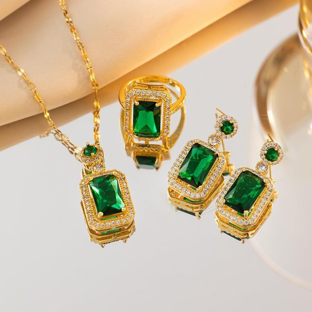 Schmuckset Damen, Ring, Halskette, Ohrringe, Zirkonia, Kristall, Gold - Bild 1