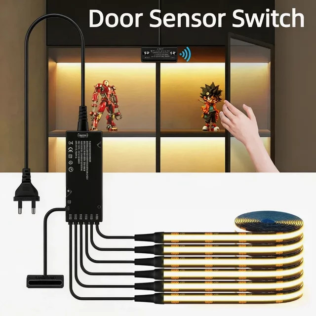AIMENGTE COB LED-Streifen Set in Schwarz mit intelligentem Doppeltür-Bewegungssensor, 12V Warmweiß, ideal für Küchenunterschränke und Möbelbeleuchtung - Bild 1