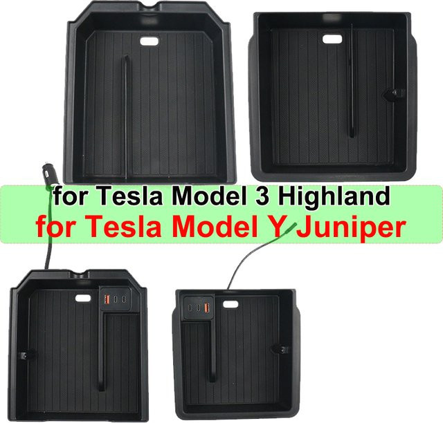Beworth Mittelkonsole Armlehnen-Aufbewahrungsbox für Tesla Model Y Juniper 2025 und Highland mit USB Typ-C Ladehub und Brillenclip, Schwarz - Bild 1