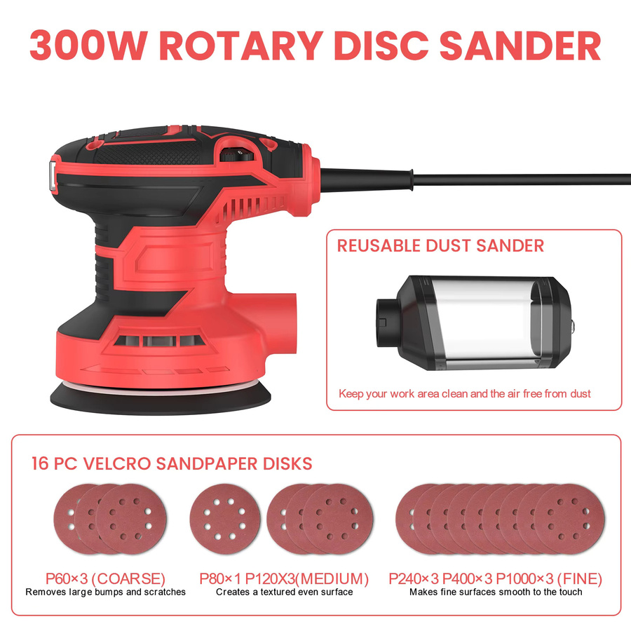 DWiusty Elektrische Schleifmaschine Exzenterschleifer mit variabler Geschwindigkeit, 300W, Rot, Schleifscheiben-Durchmesser: 125 mm - Bild 8