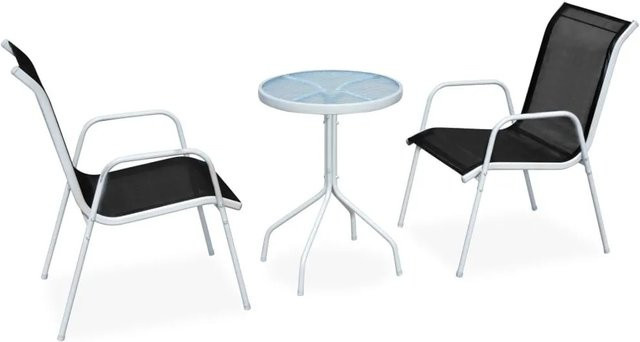 Furnicato 3-tlg Bistro-Set aus Stahl mit gehärtetem Glas in Schwarz und Grau für Garten, Terrasse und Wintergarten - Bild 1