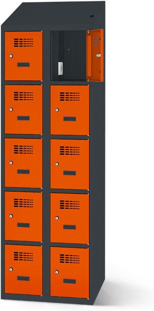 rotstahl Fächerschrank mit Ladefunktion und 10 Fächern in Orange mit anthrazitgrauem Korpus, B: 80 cm, H: 200 cm - Bild 1