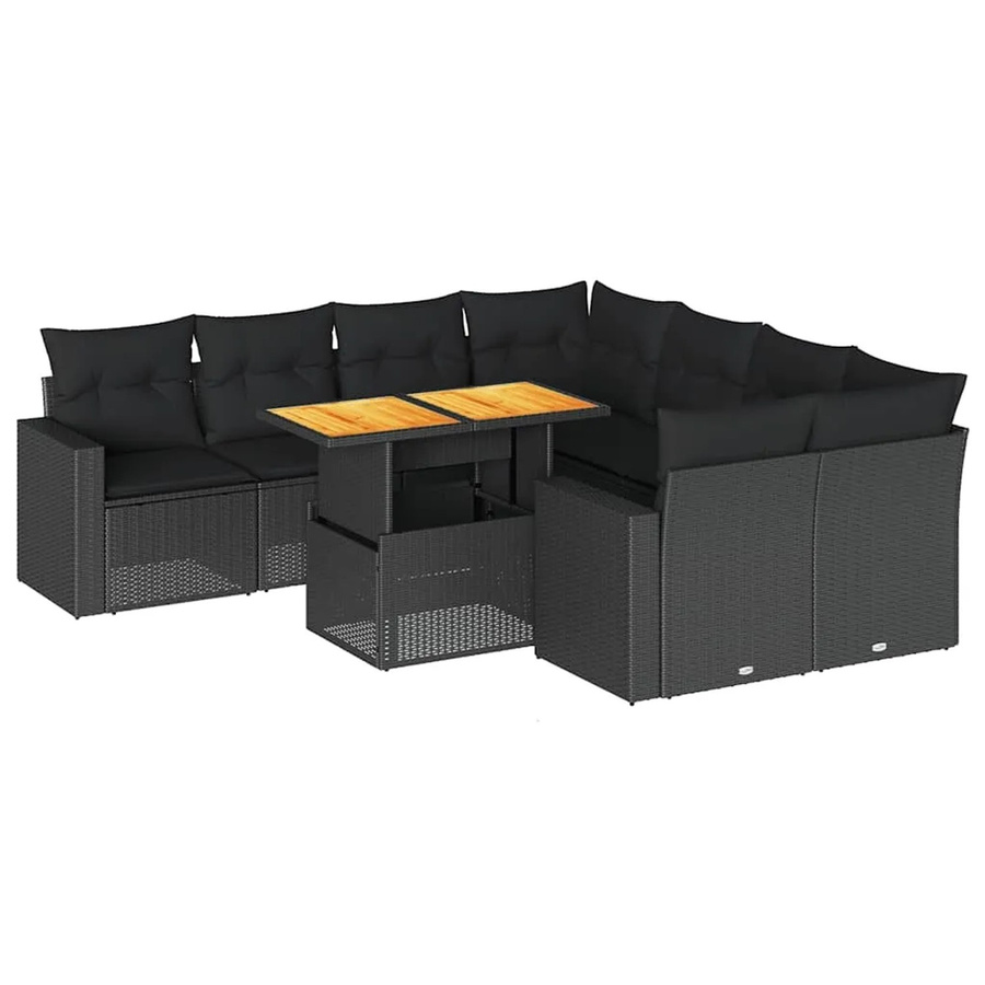 vidaXL 9-teilige Garten-Sofagarnitur aus Poly-Rattan und Akazienholz in Schwarz mit Kissen - Bild 2