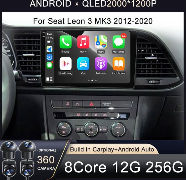 KJ-NAVI Android Autoradio mit Carplay, DSP und 4G WIFI für Seat Leon MK3 5F 2012–2018, Schwarz - Bild 1