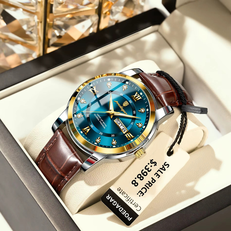 POEDAGAR Armbanduhr Quarz, Leder, Blau, Herren, Kalender, Wochentag - Bild 2