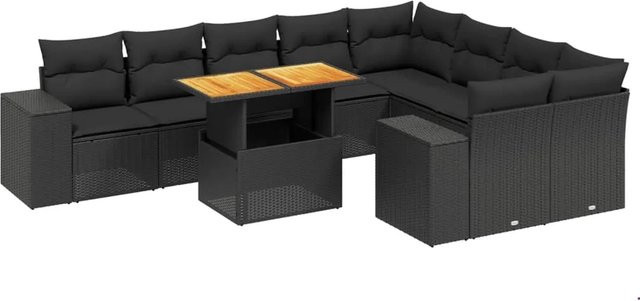 vidaXL 10-tlg. Garten-Sofagarnitur in L-Form aus Polyrattan und Akazienholz mit Kissen, Schwarz - Bild 1