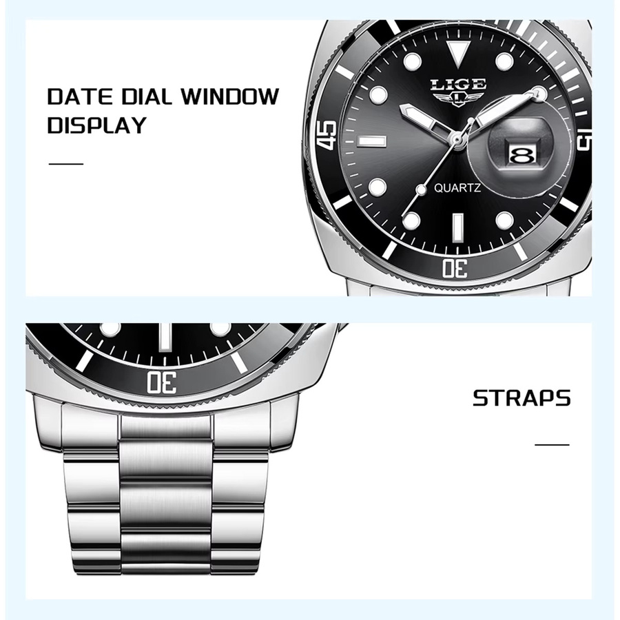 LIGE Armbanduhr Edelstahl, Quarz, Schwarz, Herren - Bild 5
