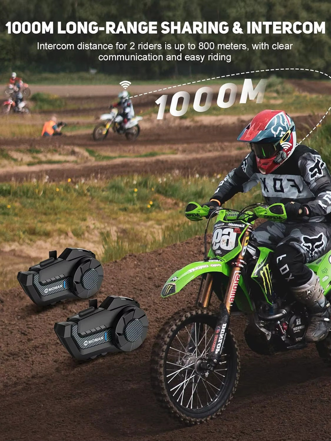 Moman Motorradhelm Intercom Mesh Bluetooth Headset in Schwarz mit Wireless 5.1 Kommunikationssystem und 1000m Reichweite - Bild 2