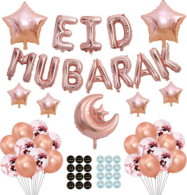 Ramadan Mubarak Dekoration Set mit Latex Konfetti Stern Ballons und Eid Al Adha Aufklebern in Gold und Silber - Bild 1