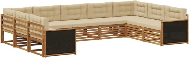 vidaXL Outdoor-Sofagarnitur aus Akazie Massivholz in Natur und Beige, 9-teiliges U-Form Set mit Polstern und Kissen - Bild 1