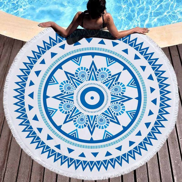 Mandala Rundes Strandtuch aus Mikrofaser mit Quasten für Strand, Sport und Yoga, Durchmesser: 150 cm - Bild 1