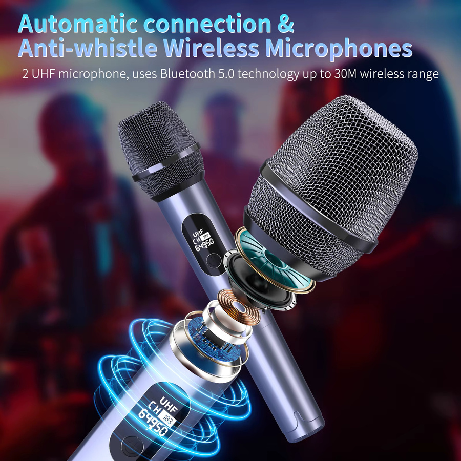 FanFun T10-T Karaoke-Maschine mit 2 kabellosen Mikrofonen und Bluetooth-Lautsprecher als tragbares Party-PA-System - Bild 4