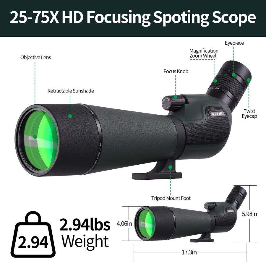 KEDIL Teleskop Spektiv mit 25-75x80 Zoom, FMC BAK7 Monokular inklusive Stativ und Telefonadapter für Vogelbeobachtung und Zielschießen in Schwarz und Grau - Bild 3