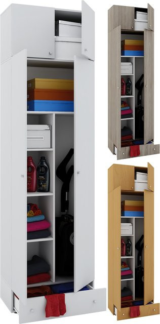 VCM Besenschrank aus Holz mit 6 Fächern, Aufsatz mit 2 Türen und extra Schublade, Mehrzweckschrank für Flur und Schlafzimmer, B/T/H: 70 x 40 x 237 cm - Bild 1