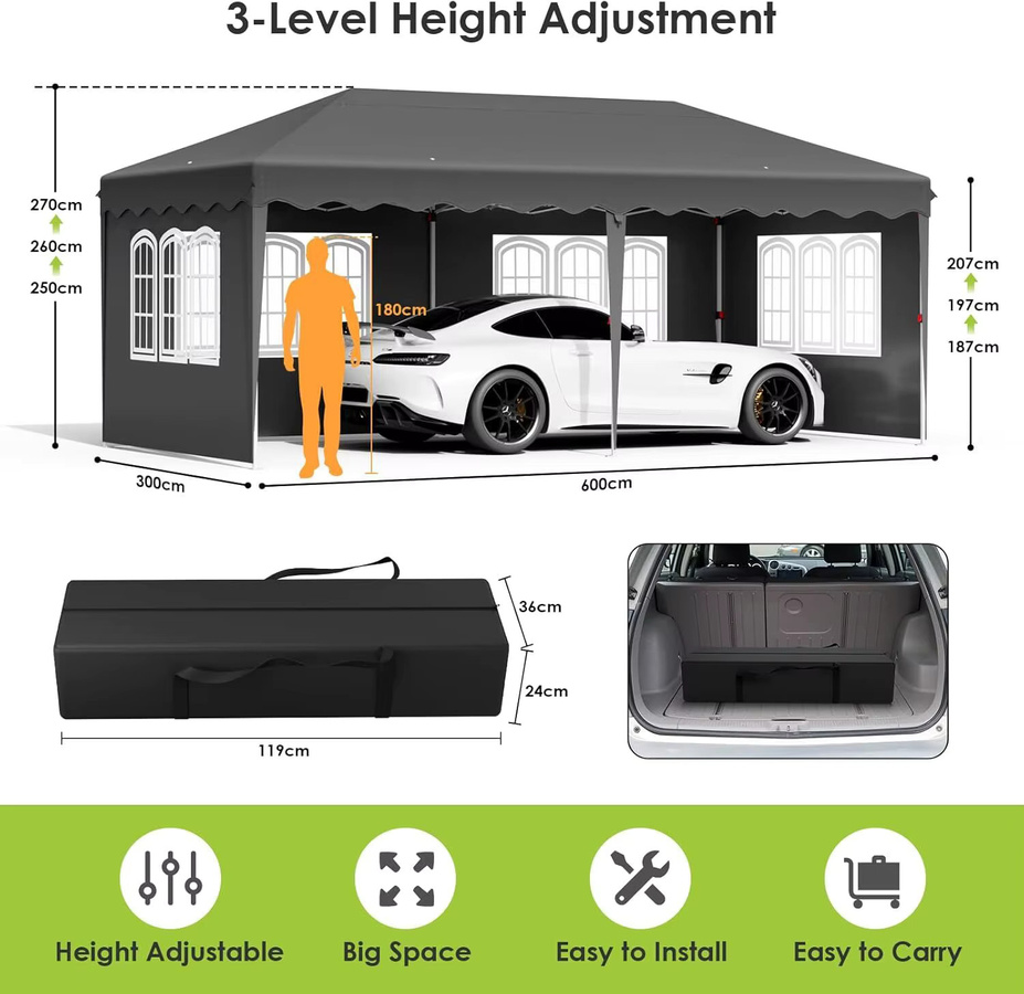 Homfa Pop-up-Zelt Pavillon in Schwarz mit 6 Seitenwänden, wasserdicht und UV 50+, B/T/H: 600 x 300 x 300 cm - Bild 2