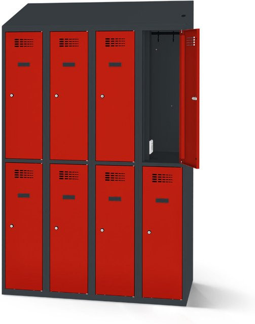 rotstahl Garderobenspind mit 8 Türen und Ladefunktion, Farbe Rot mit anthrazitgrauem Korpus, B: 120 cm, H: 200 cm - Bild 1
