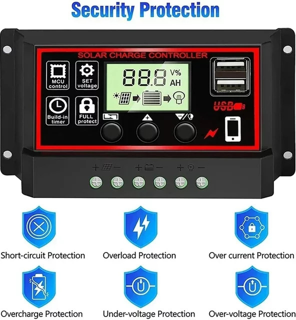 luxuglow Solar-Laderegler mit USB-Anschluss und LCD-Display für 12V/24V Solarmodule, Farbe: Schwarz - Bild 1