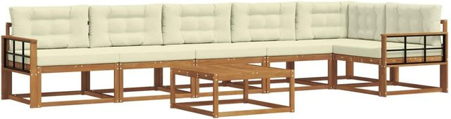 vidaXL Outdoor-Sofagarnitur aus massivem Akazienholz in L-Form, 7-teiliges Set mit Kissen in Natur und Creme - Bild 1