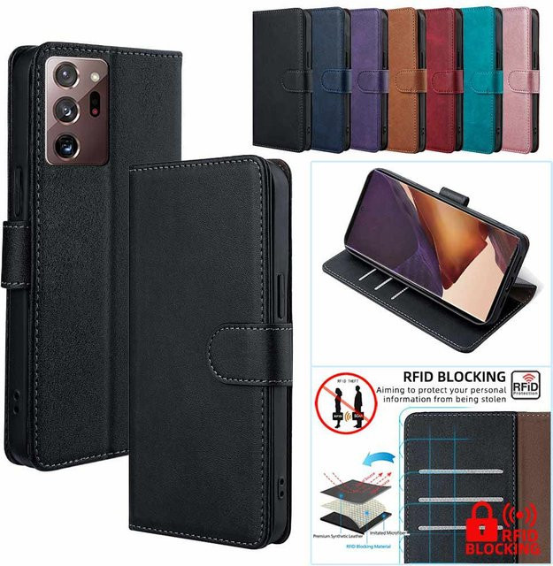 Flip Wallet Buchstil Hülle für Samsung Galaxy Note 20 Ultra, Note 10 Pro Plus und S21 Ultra mit Magnetverschluss, Kartenfächern und RFID-Schutz in Schwarz - Bild 1
