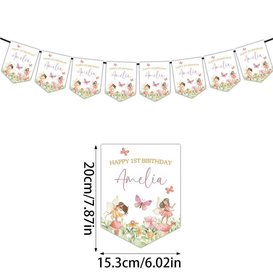 Personalisierte Feen-Partybanner mit Blumen-Motiv für Kindergeburtstage im Märchenwunderland, mehrfarbiges Wimpel-Set aus Papier - Bild 2