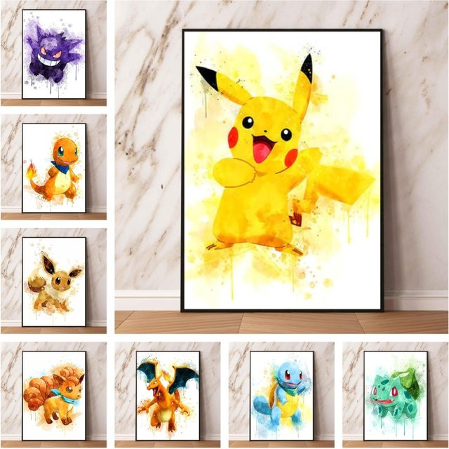 TAKARA TOMY Pokemon Pikachu Wanddekoration als Aquarell-Leinwand Poster in Gelb - Bild 1