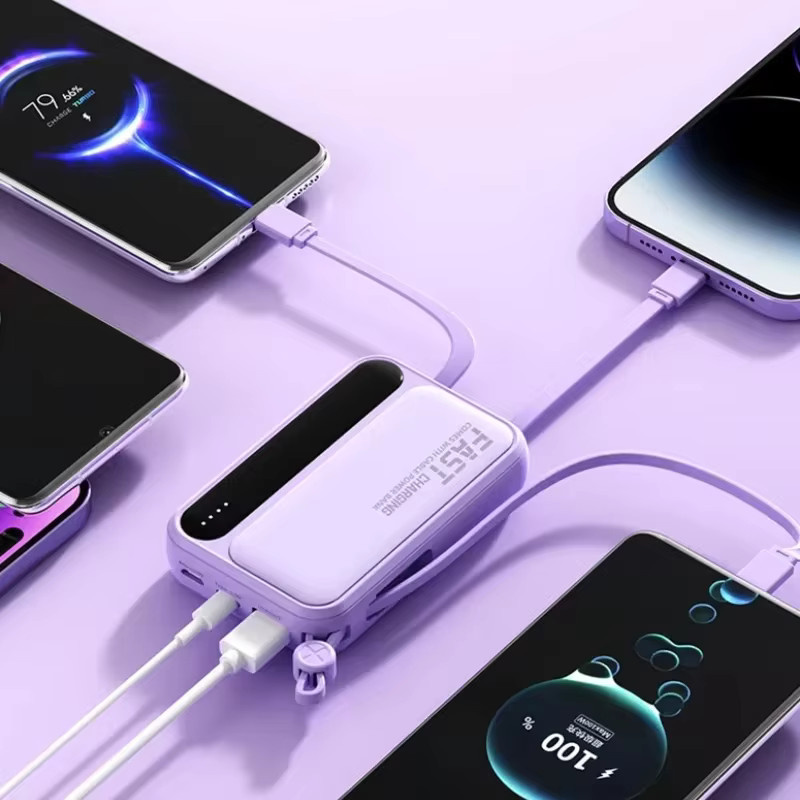 Lenovo Neue Mini Powerbank mit 10000 mAh Kapazität und 4 integrierten Kabeln in Lila für iPhone, Samsung und Xiaomi - Bild 4