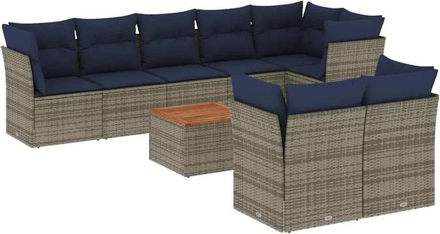 vidaXL 9-teilige Garten-Sofagarnitur in L-Form aus grauem Poly-Rattan mit Kissen und Akazienholz-Tisch - Bild 1