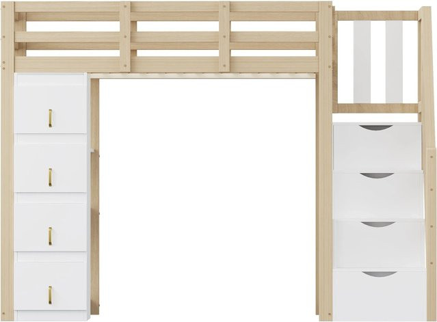 Merax Hochbett für Kinder aus Kiefernholz mit Treppe, Regal und Stauraumschubladen, B/T/H: 200 x 90 x 167,5 cm, Weiß/Braun - Bild 1