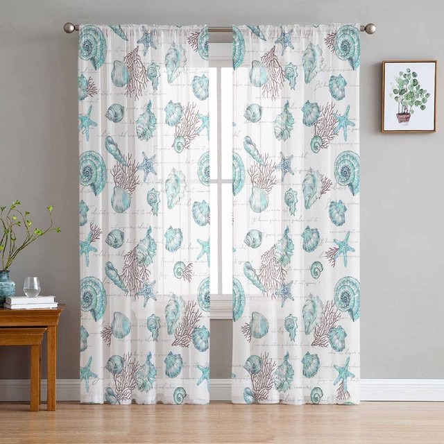 Transparente Tüll-Vorhänge mit Seesternen und Muscheln im Koralle-Retro-Design, Organza-Fenstervorhänge für Wohnzimmer und Küche, Breite: 135 cm, Höhe: 160 cm - Bild 1