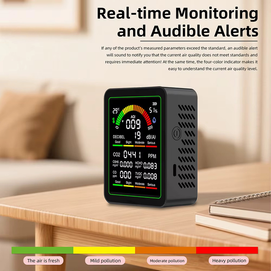 Gaqqee MT12 9-in-1 Luftqualitätsmonitor mit CO2-Detektor, Schallpegelmesser, Formaldehyd-Detektor sowie TVOC- und Temperatur-Feuchtigkeitsmonitor in Schwarz und Weiß - Bild 4