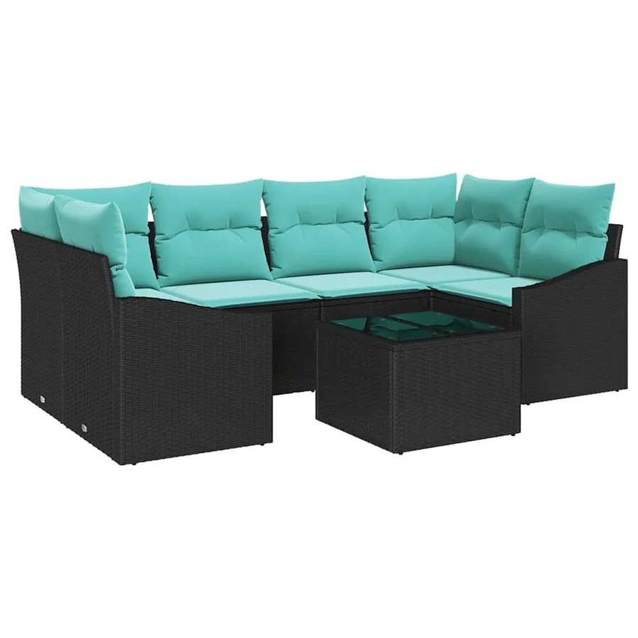 vidaXL 7-teiliges Gartenmöbel Set aus Poly Rattan und Stahl in Schwarz und Türkis mit Kissen und Tisch - Bild 2