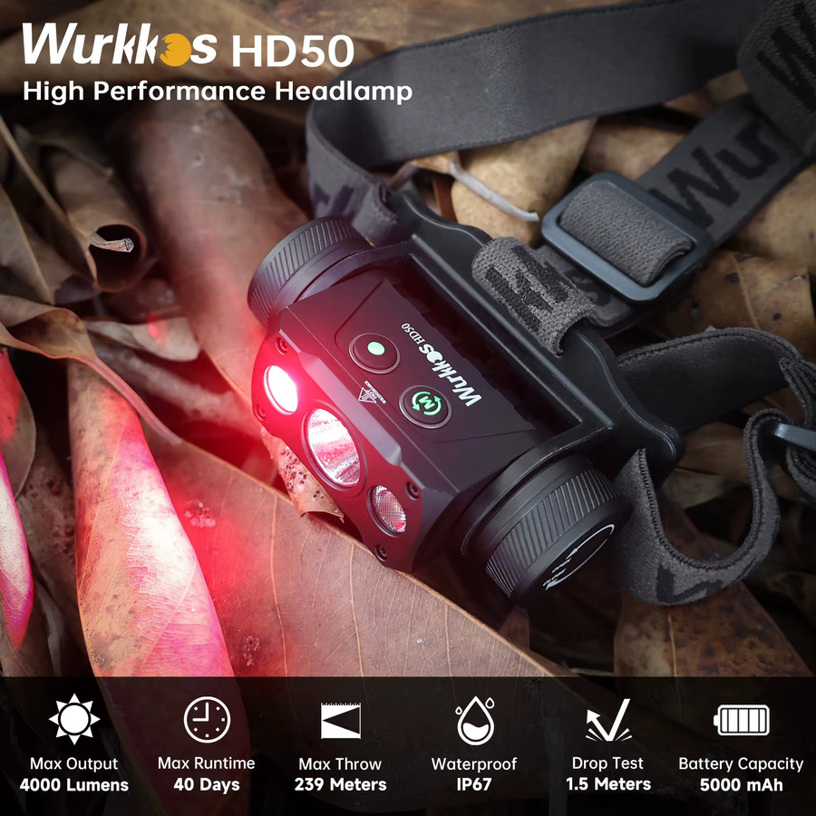 Wurkkos HD50 LED-Stirnlampe in Schwarz mit 4000 lm, wiederaufladbare Hochleistungs-Taschenlampe mit IP67 Wasserdichtigkeit und rotem Licht (660 nm) - Bild 2