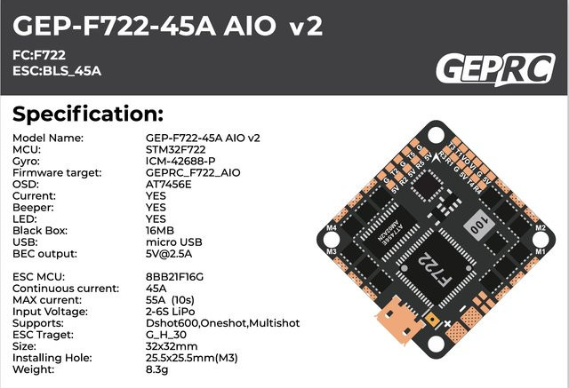 GEPRC GEP-F722-45A AIO V2, Schwarz, Metall, ab 14 Jahren - Bild 1