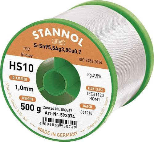 Stannol HS10 2510 Bleifreies Lötzinn Sn95,5Ag3,8Cu0,7 ROM1 in Silber, 500 g, 1 mm - Bild 1